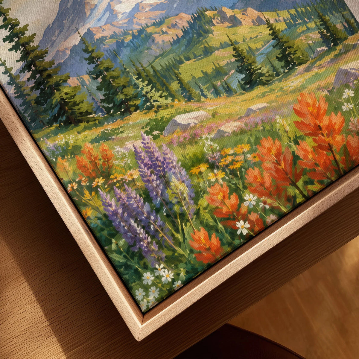 Mount Rainier National Park wildflower meadows watercolour art print framed canvas with float frame, close-up