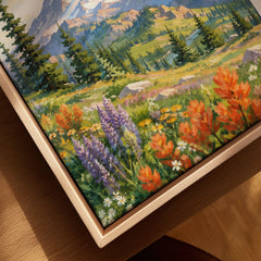 Mount Rainier National Park wildflower meadows watercolour art print framed canvas with float frame, close-up