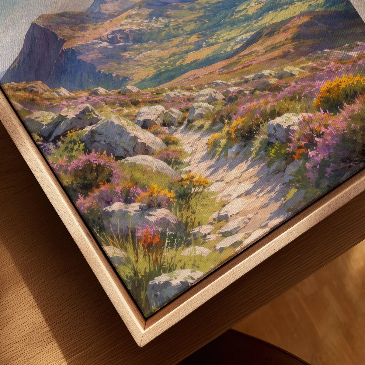 Mourne Mountains mountain path above the sea watercolour art print framed canvas with float frame, close-up