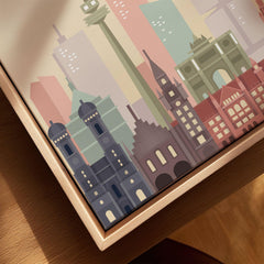 Munich city skyline art print, framed canvas with float frame, close-up