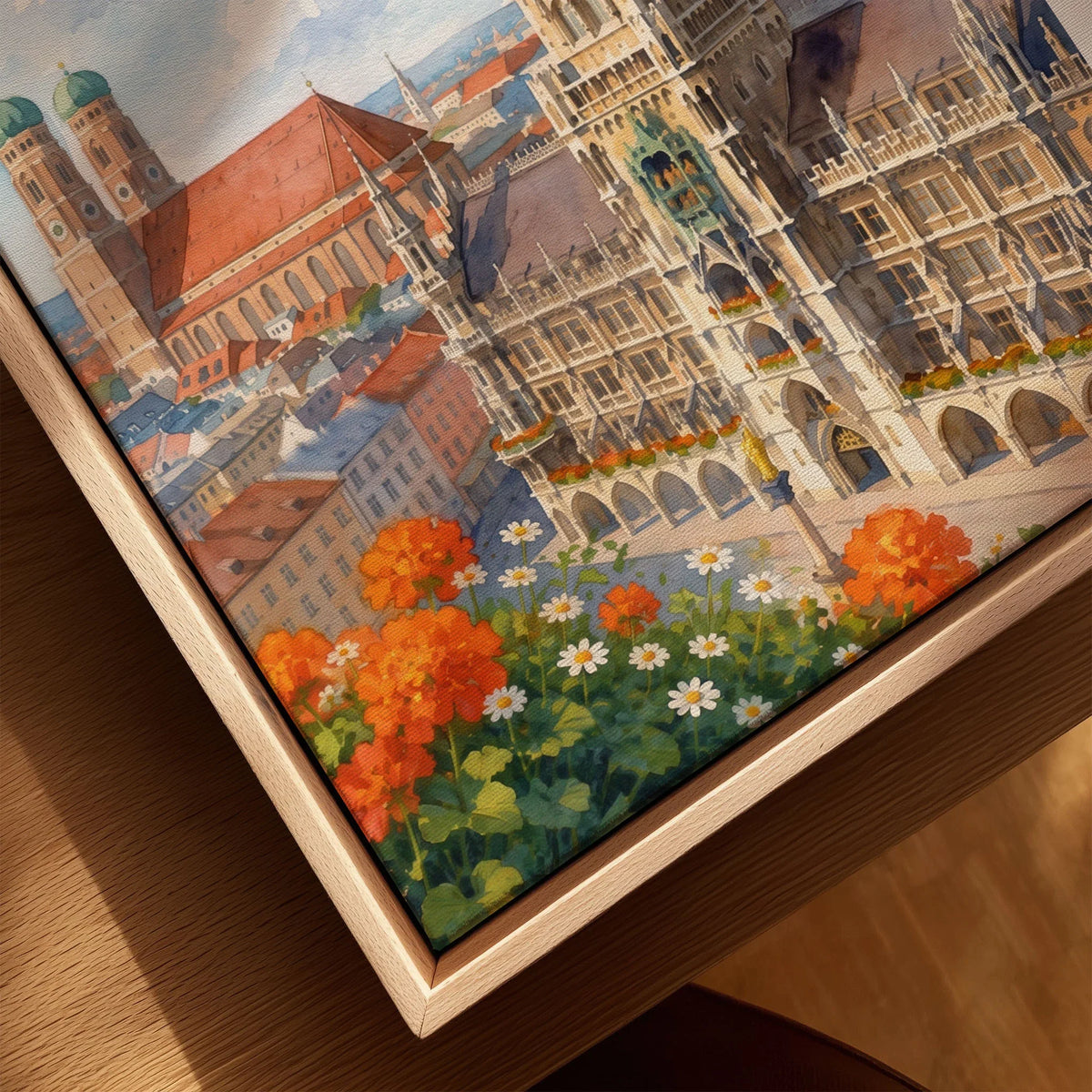 Munich New Town Hall and Frauenkirche watercolour art print framed canvas with float frame, close-up
