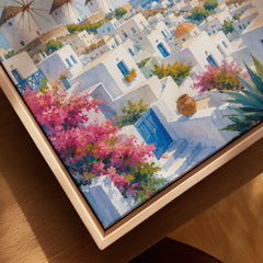 Mykonos windmills and white houses watercolour art print framed canvas with float frame, close-up