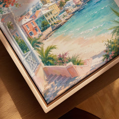 Nassau pastel waterfront and beach watercolour art print framed canvas with float frame, close-up