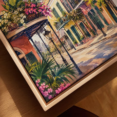 New Orleans French Quarter balconies watercolour art print framed canvas with float frame, close-up