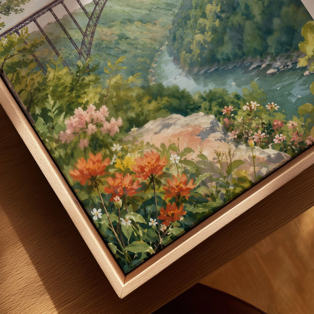 New River Gorge National Park New River Gorge Bridge watercolour art print framed canvas with float frame, close-up