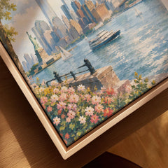 New York Statue of Liberty and Manhattan skyline watercolour art print framed canvas with float frame, close-up
