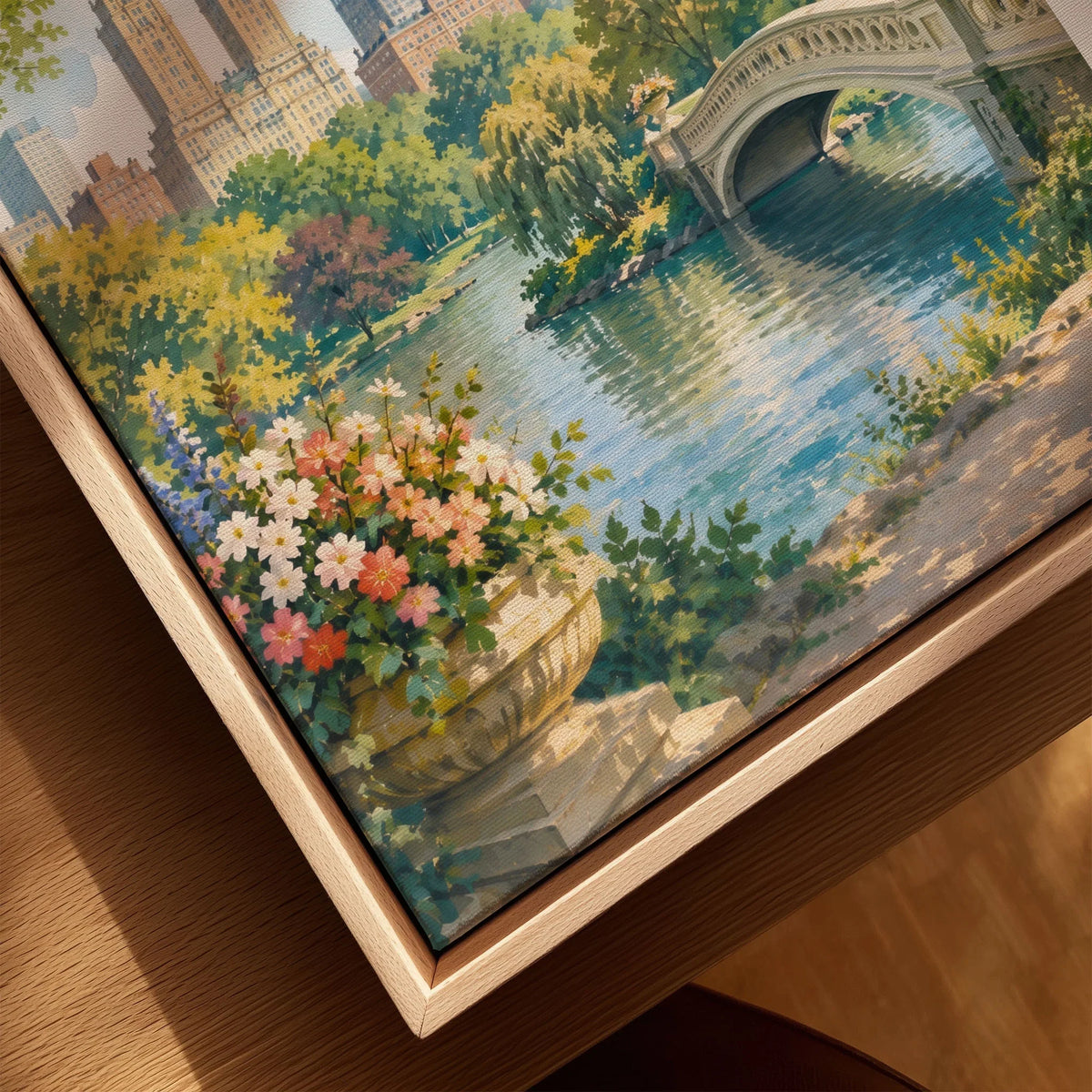 New York Central Park Bow Bridge watercolour art print framed canvas with float frame, close-up