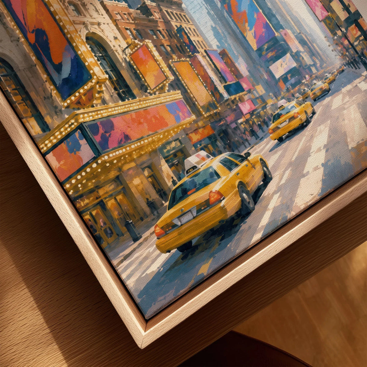 New York Times Square and yellow cabs watercolour art print framed canvas with float frame, close-up