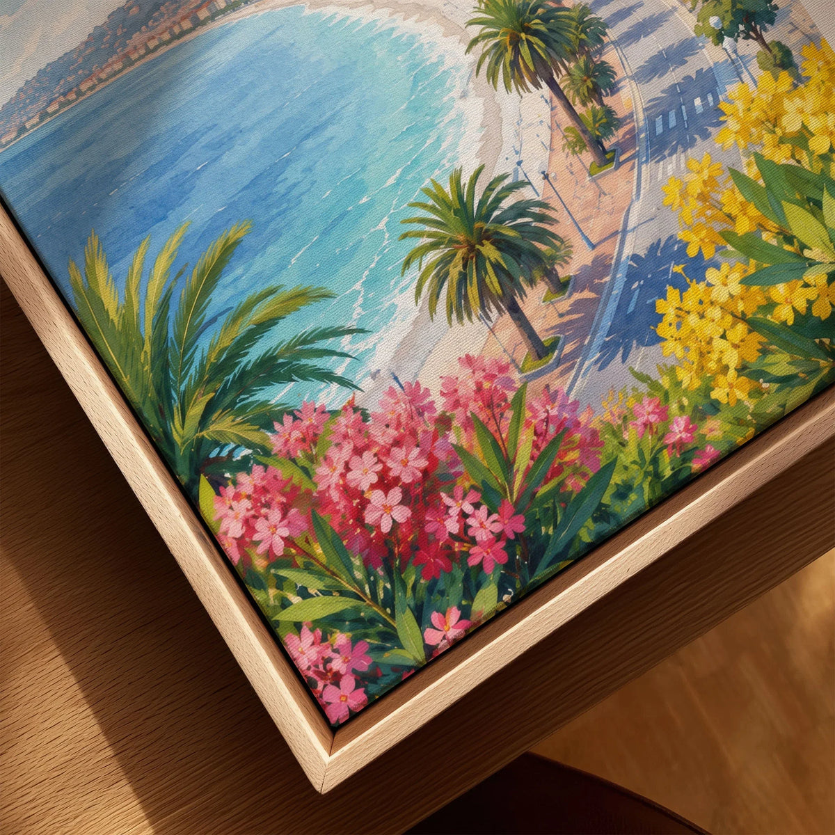 Nice Baie des Anges and promenade watercolour art print framed canvas with float frame, close-up