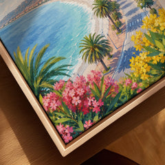 Nice Baie des Anges and promenade watercolour art print framed canvas with float frame, close-up