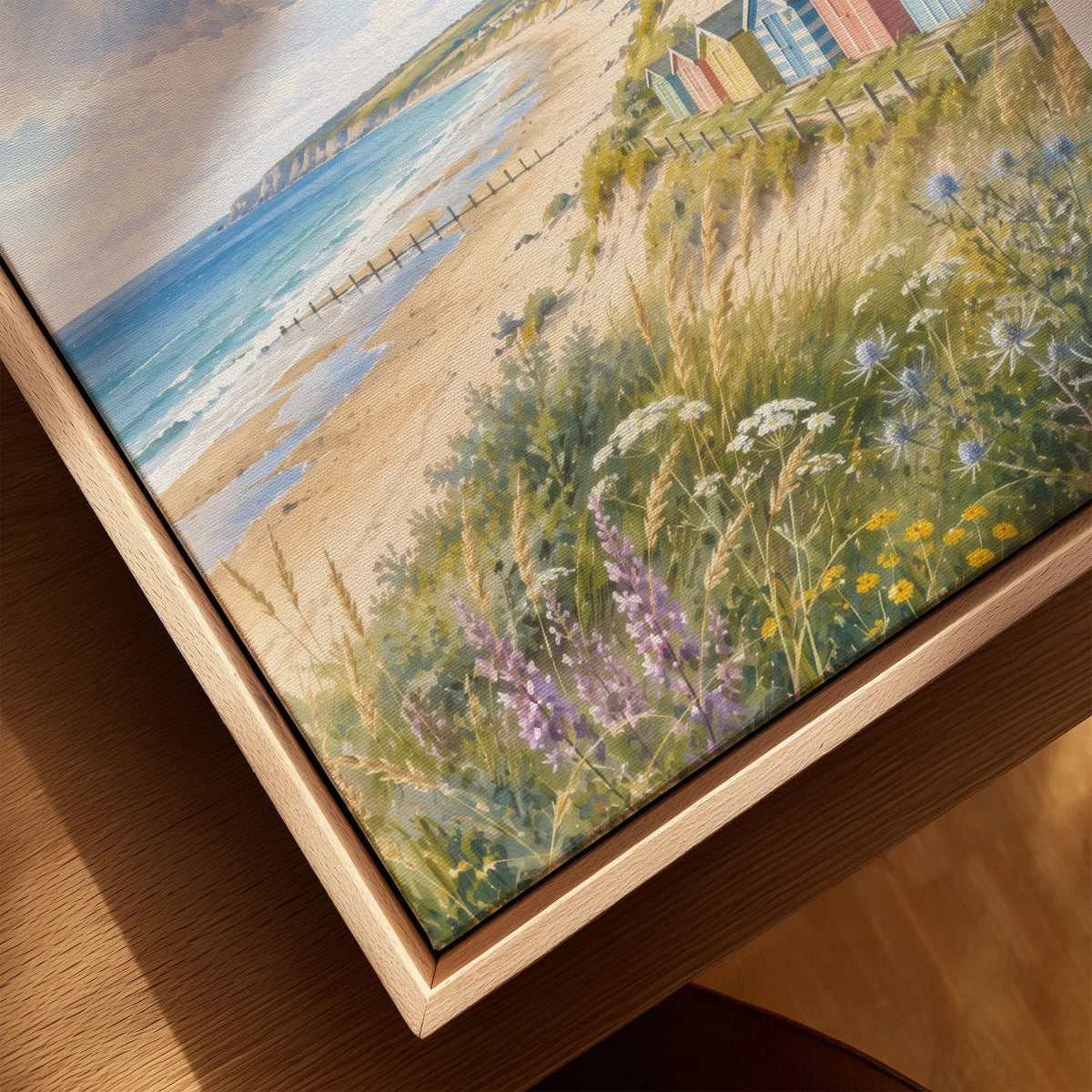 Norfolk Coast beach huts and sandy beach watercolour art print framed canvas with float frame, close-up