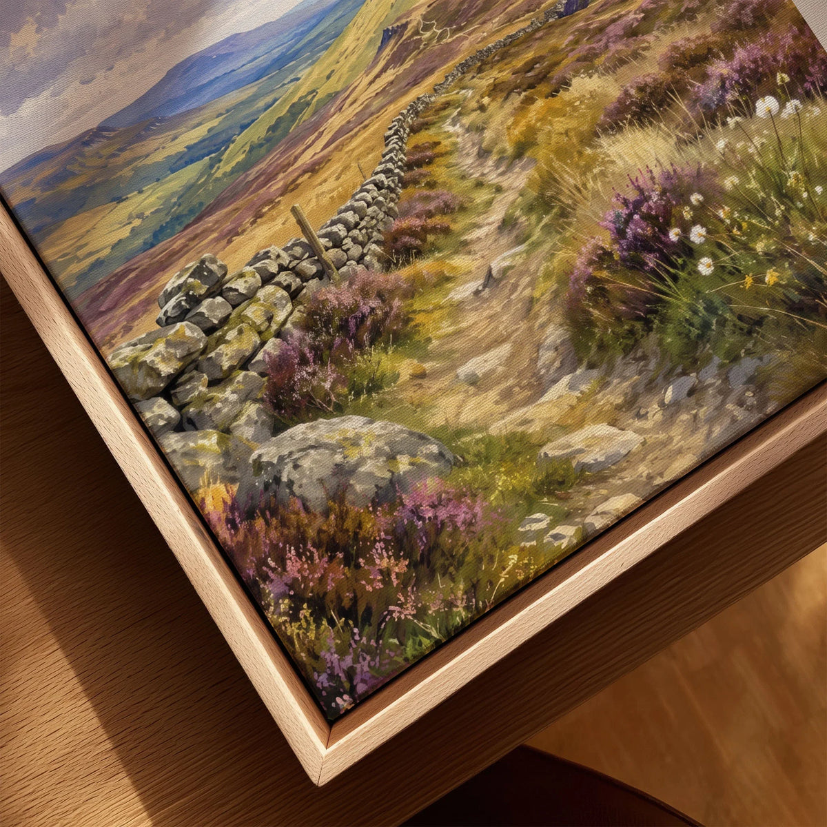 North Pennines moorland path and stone wall watercolour art print framed canvas with float frame, close-up