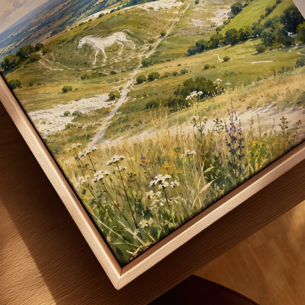 North Wessex Downs chalk white horse watercolour art print framed canvas with float frame, close-up