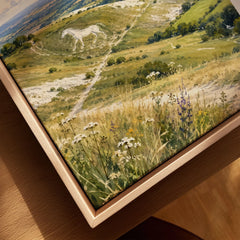 North Wessex Downs chalk white horse watercolour art print framed canvas with float frame, close-up