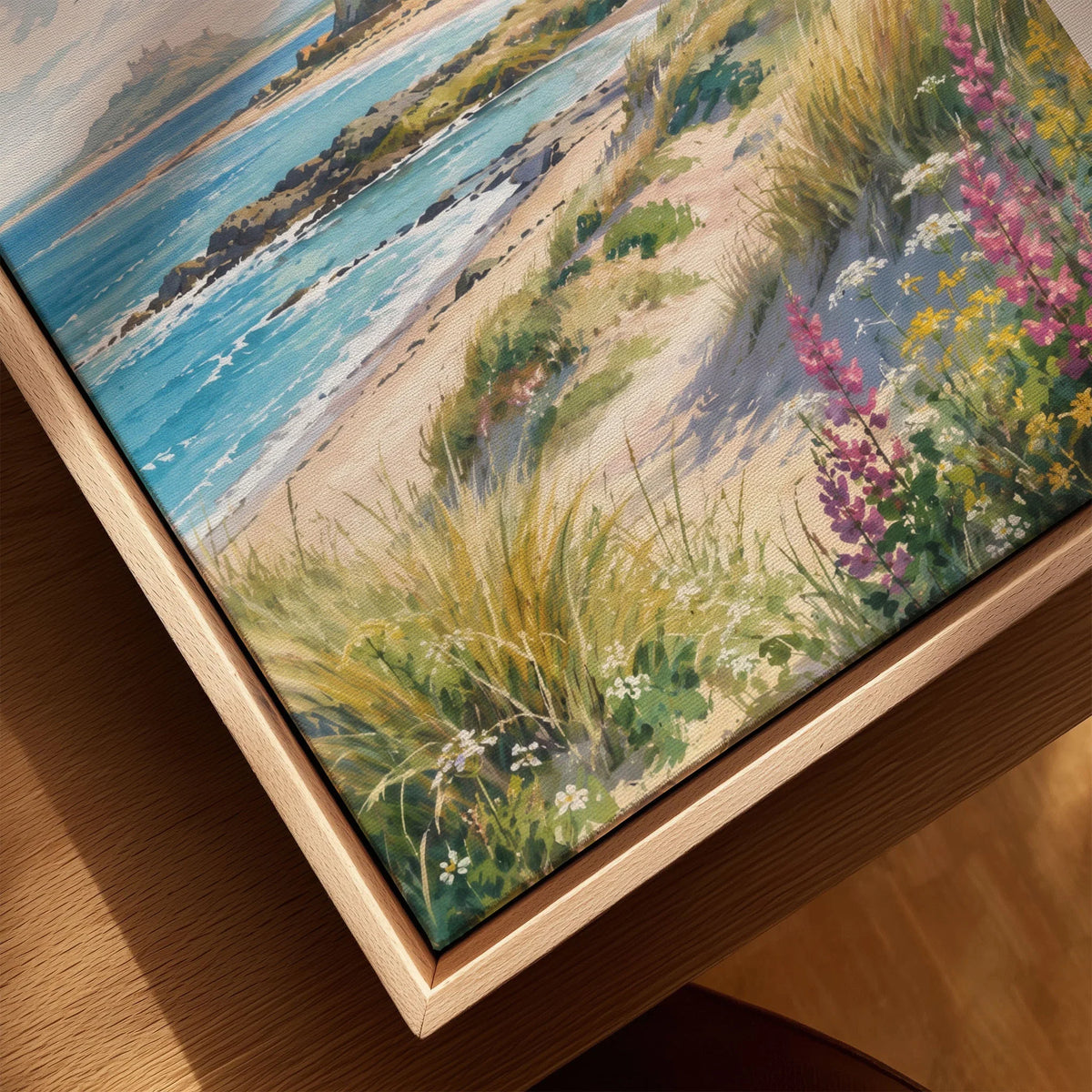 Northumberland Coast Bamburgh Castle and beach watercolour art print framed canvas with float frame, close-up