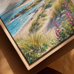 Northumberland Coast Bamburgh Castle and beach watercolour art print framed canvas with float frame, close-up