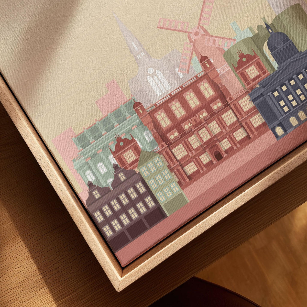 Nottingham city skyline art print, framed canvas with float frame, close-up