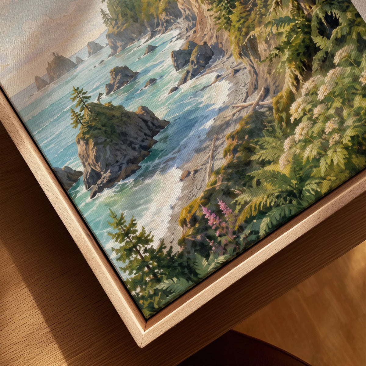 Olympic National Park rugged coast and sea stacks watercolour art print framed canvas with float frame, close-up