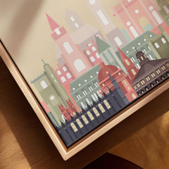 Oxford city skyline art print, framed canvas with float frame, close-up