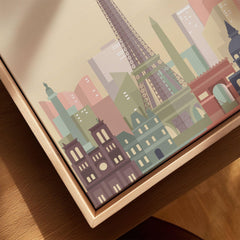 Paris city skyline art print, framed canvas with float frame, close-up