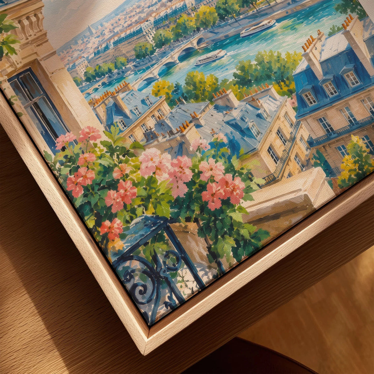 Paris Eiffel Tower and the Seine watercolour art print framed canvas with float frame, close-up