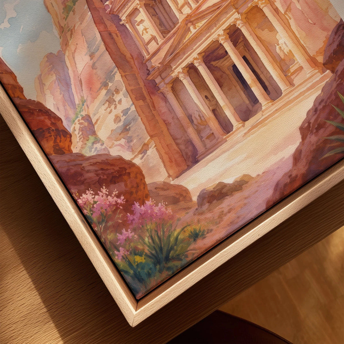 Petra Treasury in the rock watercolour art print framed canvas with float frame, close-up