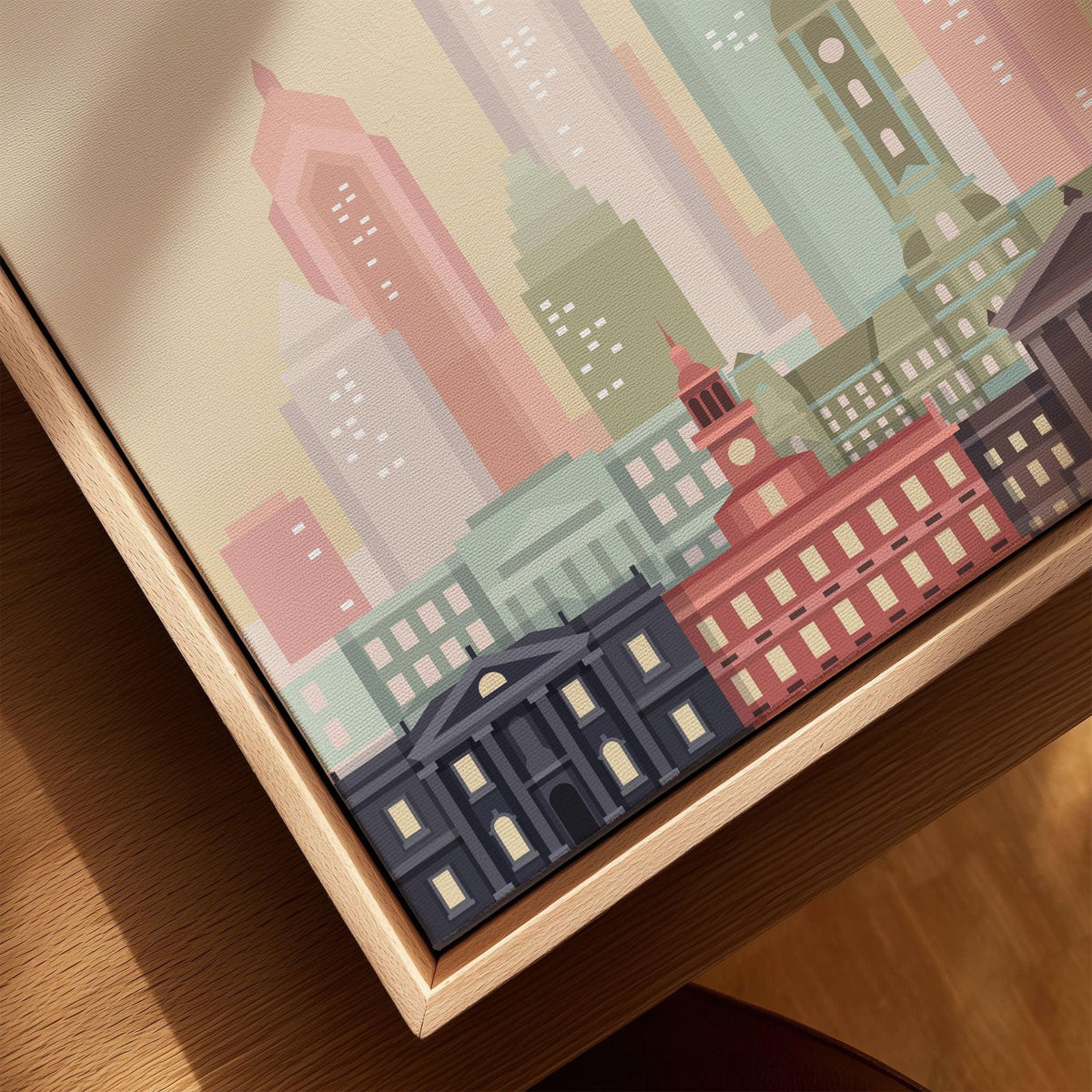 Philadelphia city skyline art print, framed canvas with float frame, close-up