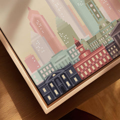 Philadelphia city skyline art print, framed canvas with float frame, close-up