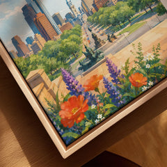 Philadelphia skyline and Ben Franklin Parkway watercolour art print framed canvas with float frame, close-up