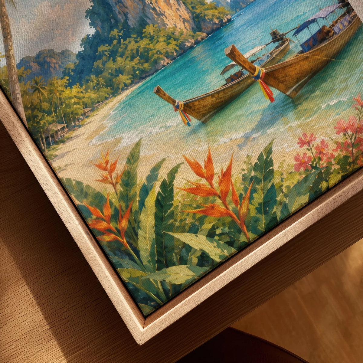 Phuket longtail boats and limestone cliffs watercolour art print framed canvas with float frame, close-up