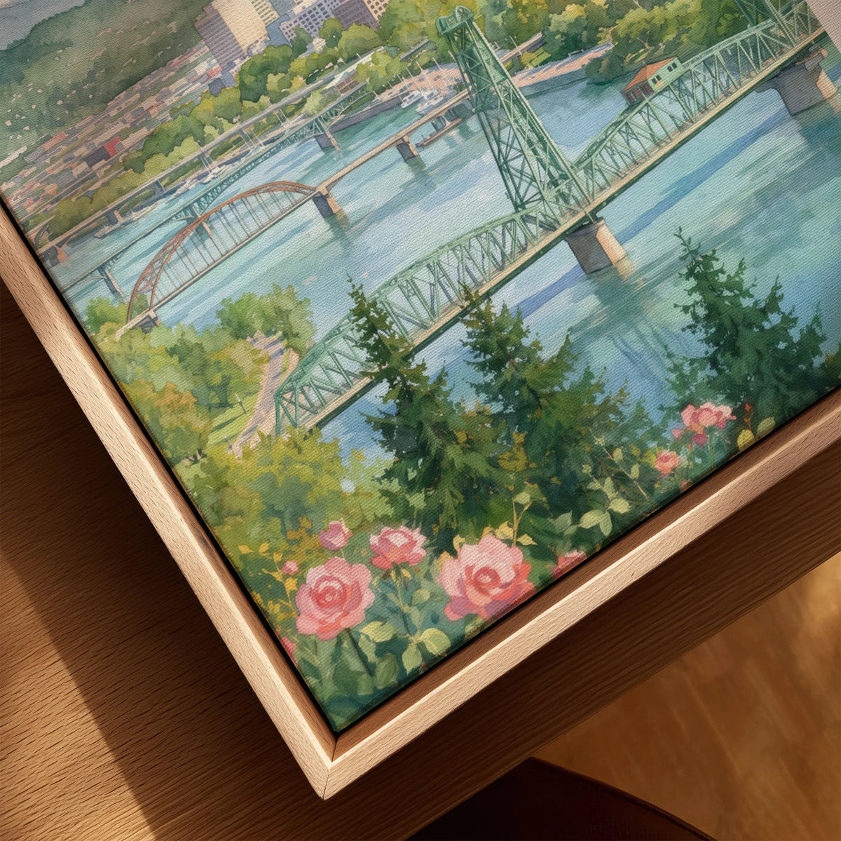 Portland Mount Hood and Willamette bridges watercolour art print framed canvas with float frame, close-up
