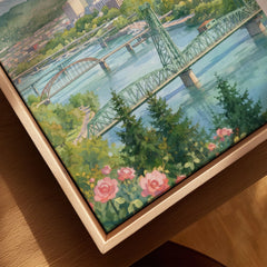 Portland Mount Hood and Willamette bridges watercolour art print framed canvas with float frame, close-up