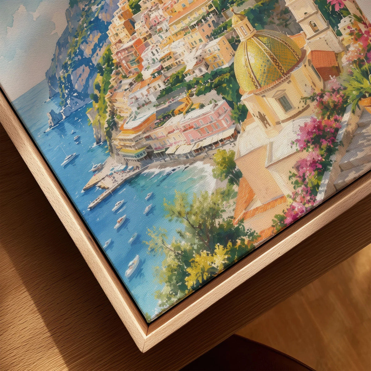 Positano cliffside village and church dome watercolour art print framed canvas with float frame, close-up