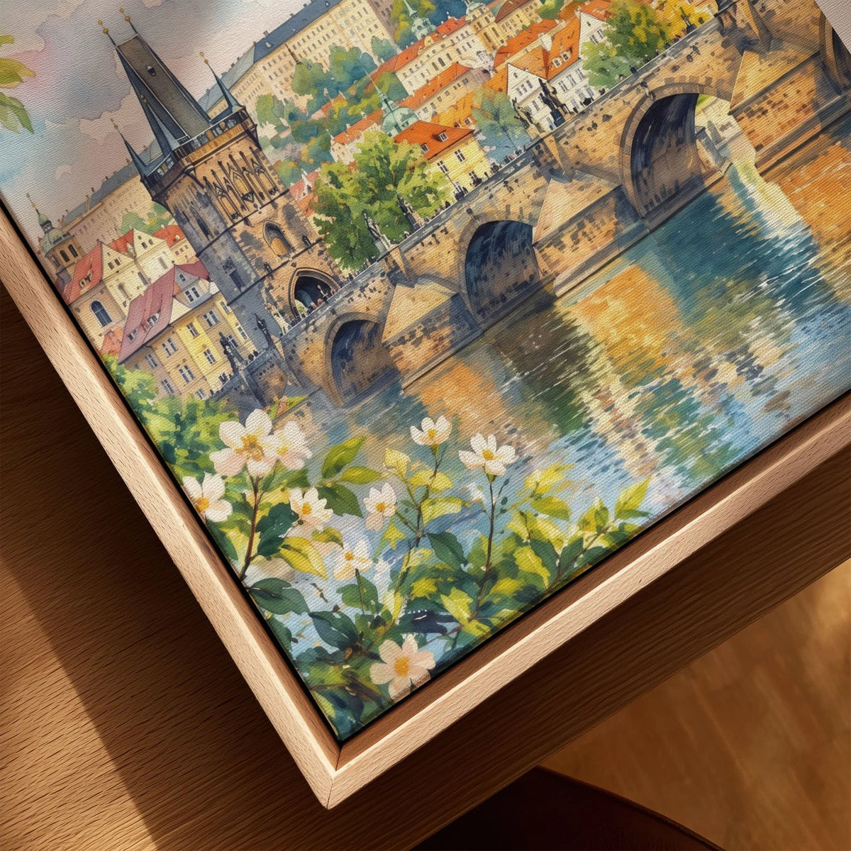 Prague Charles Bridge and Prague Castle watercolour art print framed canvas with float frame, close-up