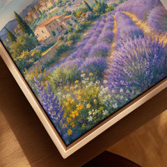 Provence lavender fields and hilltop village watercolour art print framed canvas with float frame, close-up