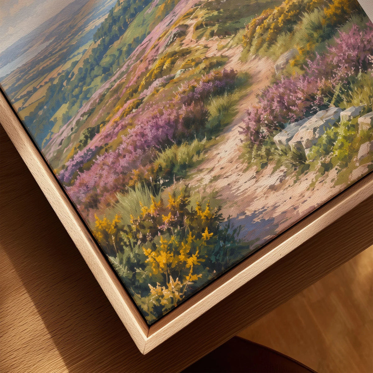 Quantock Hills heather hilltop path watercolour art print framed canvas with float frame, close-up