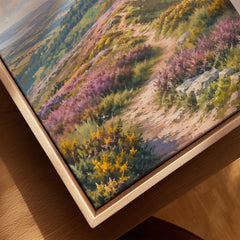 Quantock Hills heather hilltop path watercolour art print framed canvas with float frame, close-up