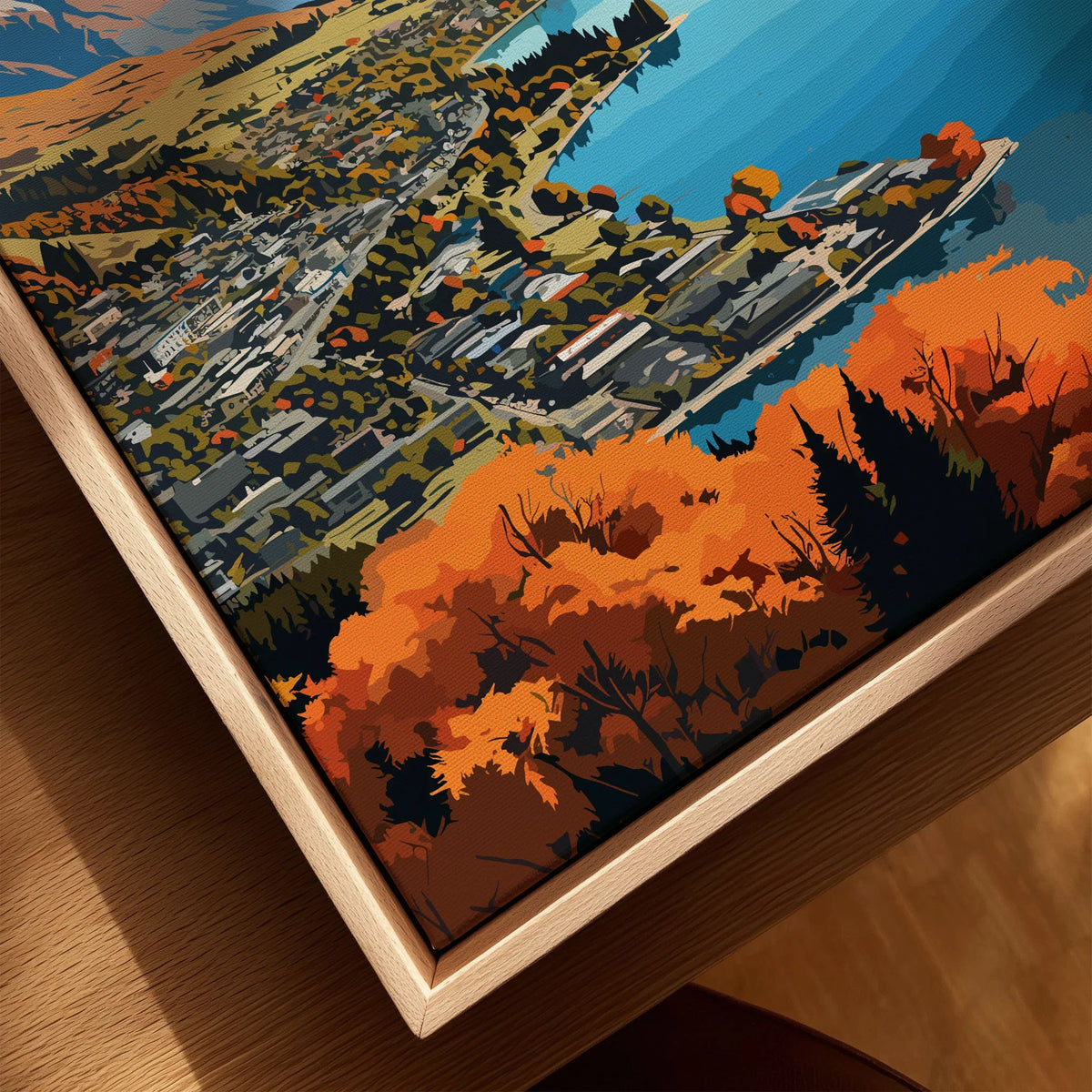 Queenstown New Zealand Lake Wakatipu in autumn vintage travel poster, framed canvas with float frame, close-up