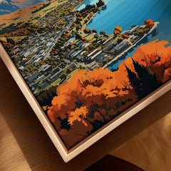 Queenstown New Zealand Lake Wakatipu in autumn vintage travel poster, framed canvas with float frame, close-up