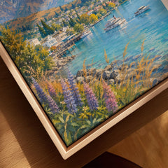 Queenstown Lake Wakatipu, Remarkables and lupins watercolour art print framed canvas with float frame, close-up