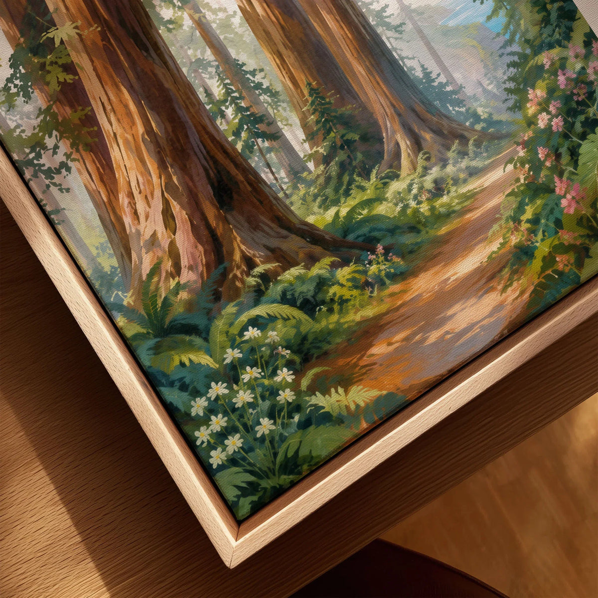 Redwood National Park giant redwoods and forest trail watercolour art print framed canvas with float frame, close-up