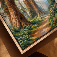 Redwood National Park giant redwoods and forest trail watercolour art print framed canvas with float frame, close-up