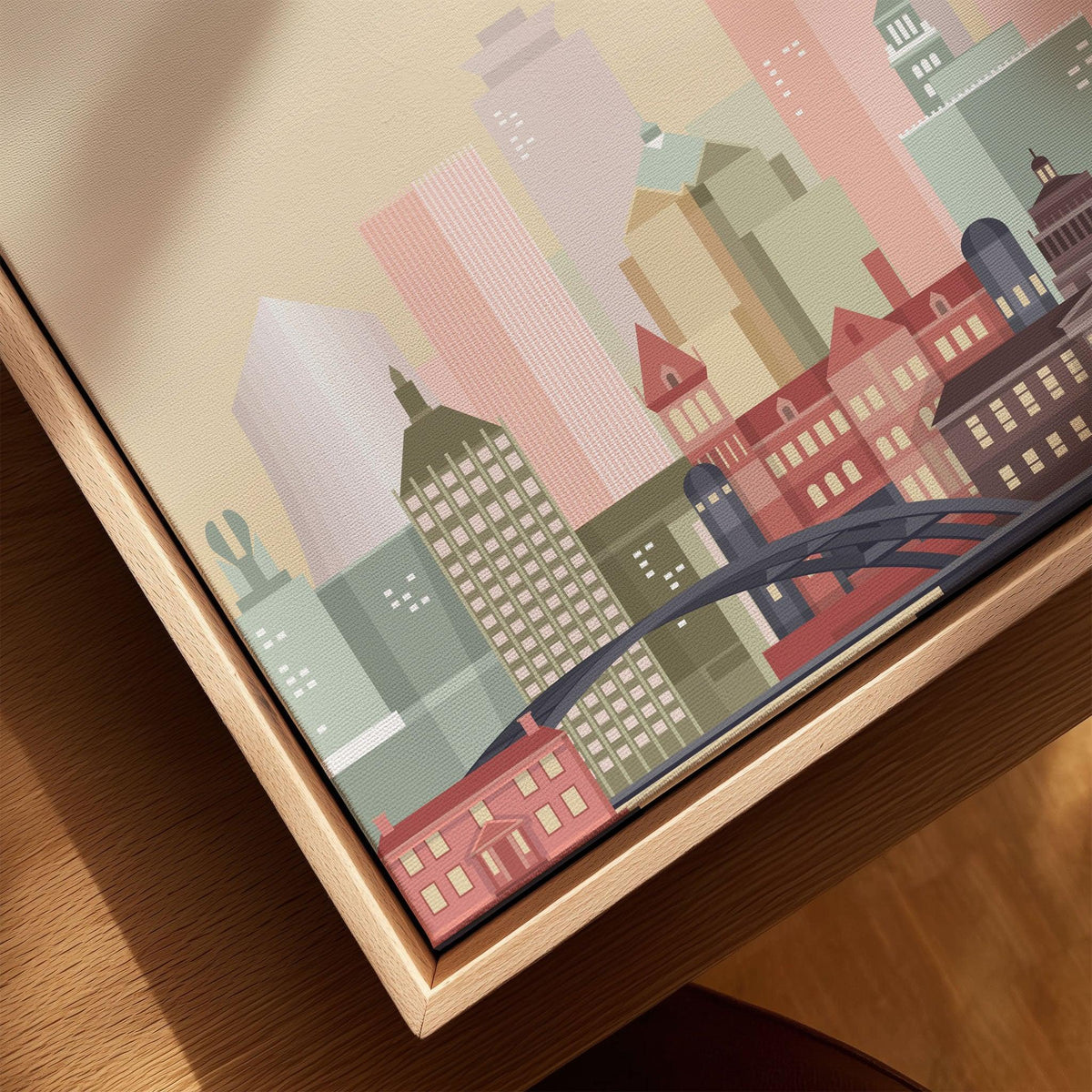 Rochester city skyline art print, framed canvas with float frame, close-up
