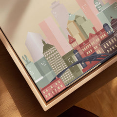 Rochester city skyline art print, framed canvas with float frame, close-up