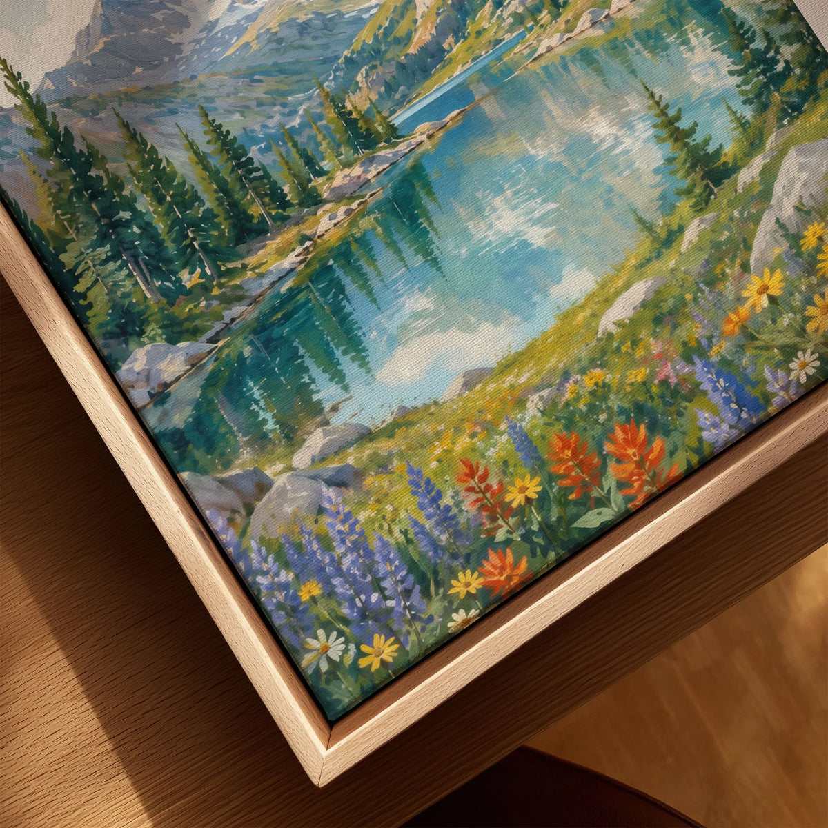 Rocky Mountain National Park alpine lake below rugged peaks watercolour art print framed canvas with float frame, close-up