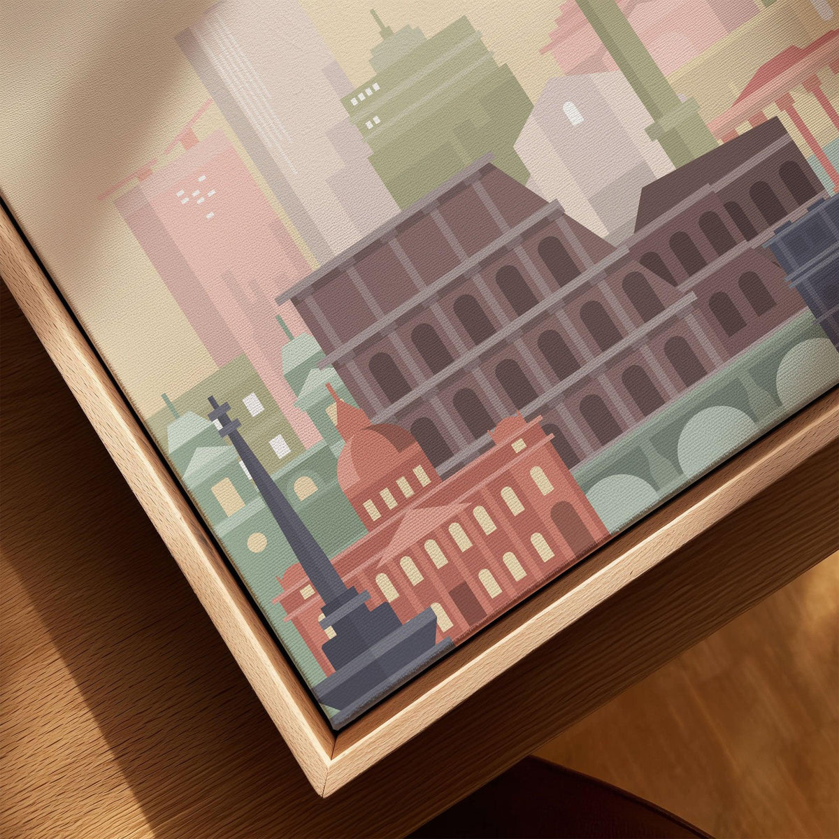 Rome city skyline art print, framed canvas with float frame, close-up