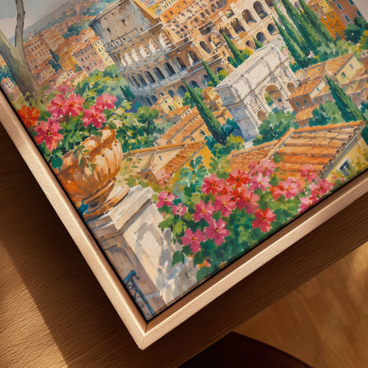Rome Colosseum and St Peter's dome watercolour art print framed canvas with float frame, close-up