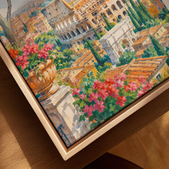 Rome Colosseum and St Peter's dome watercolour art print framed canvas with float frame, close-up