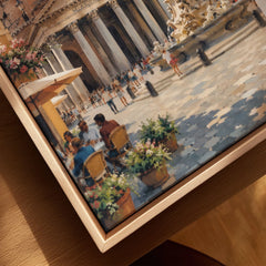 Rome Pantheon and piazza fountain watercolour art print framed canvas with float frame, close-up