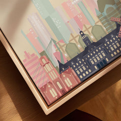 Rotterdam city skyline art print, framed canvas with float frame, close-up